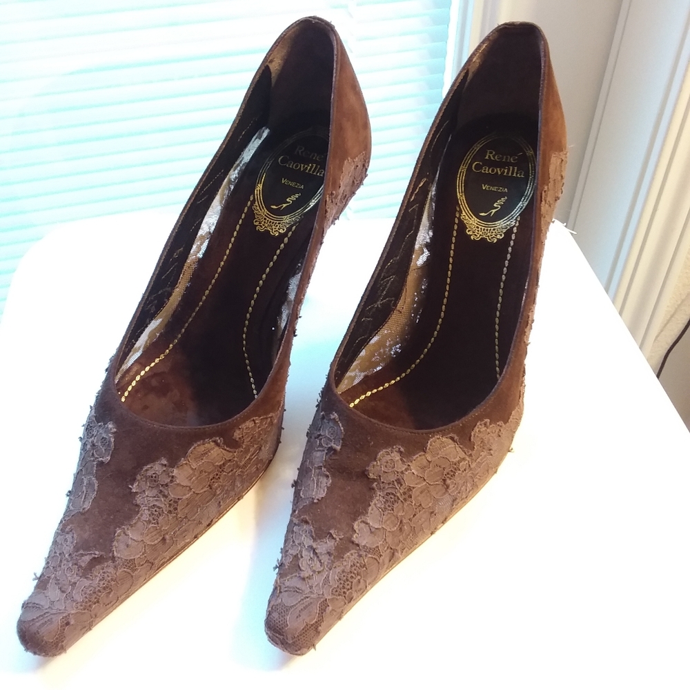 Rene Caovilla Chocolate Suede Lace Heels